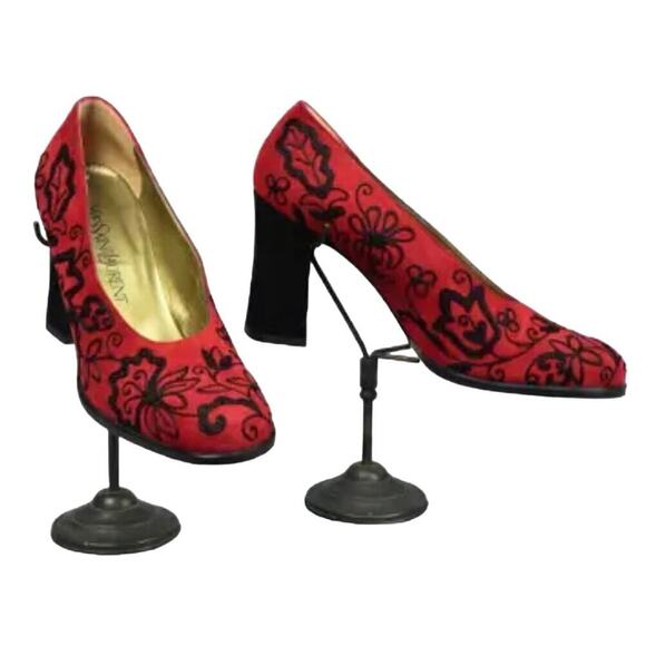 YSL Yves Saint Laurent Red Embroidery Black Suede Pump Heels Size 6 - Picture 10 of 10